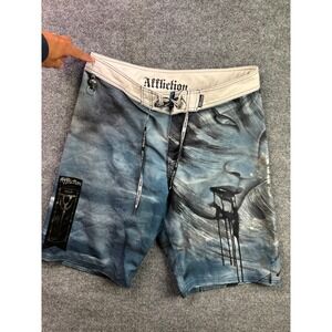 Affliction Board Shorts Mens 34 Blue Graphic Samurai Geisha Swim Trunks